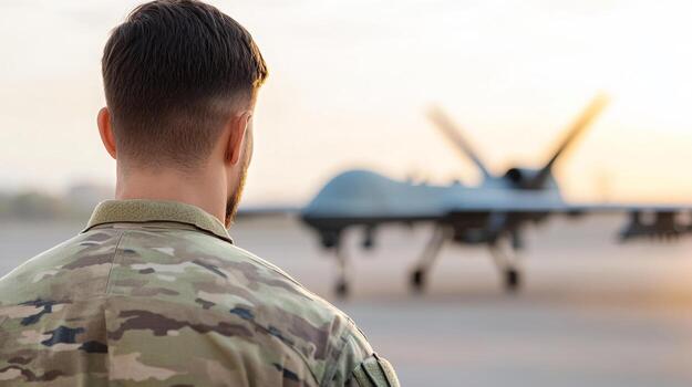 military drone operator, view from behind photo