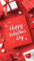 red background with Happy Valentine's Day text, surround by valentines decorations. photo
