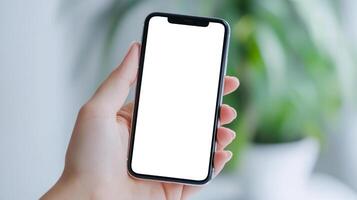 hand holding smartphone with white mock up screen, photo