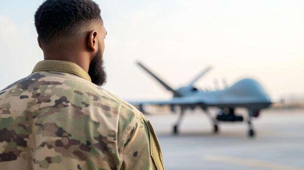 military drone operator, back view photo