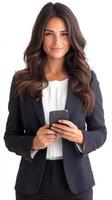 woman in business suit holding smartphone isolated photo