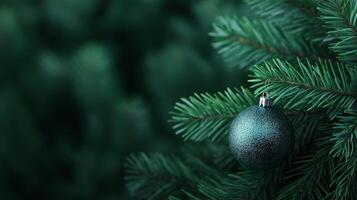 minimal christmas background with decorations, pine branches and cones, copy space. photo