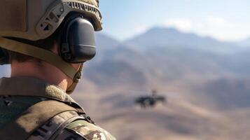 military drone operator, view from the back photo