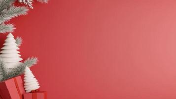 copy space with Christmas decorations, red background photo