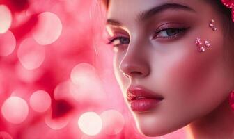 A Pink petals in soft focus surround the scene, adding a dreamy and romantic atmosphere to the composition. Her bold makeup is enhanced by soft lighting photo