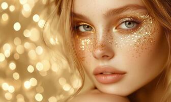 The womans glossy lips, slightly parted, exude sensuality and elegance, adding depth to the composition. Intricate golden accessories frame her hair, giving her an enchanting photo