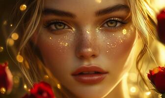 A close-up portrait of a young woman with striking blue eyes, glistening with reflections of light. Her dark, Pink petals in soft focus surround the scene, adding a dreamy and romantic atmosphere photo