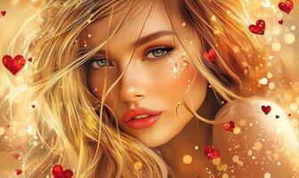 A close-up portrait of a young woman with striking blue eyes, glistening with reflections of light. Her face is adorned with freckles, Her captivating golden eyes photo