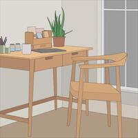 illustration of Interior working space. Drawn working room isolated. Design element for coloring book page. vector