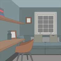a room with a couch, a desk, a window and a shelf vector