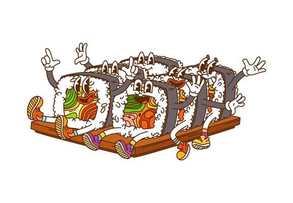 Groovy sushi rolls, retro cartoon hippie fast food