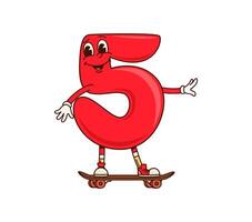 Math number Five 5 groovy character on skateboard vector