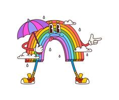 Retro groovy rainbow character with an umbrella vector