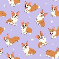 Seamless pattern with cute red corgis on a light purple background. graphics. vector