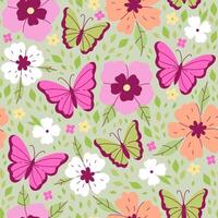 Seamless pattern with spring flowers and butterflies in pastel colors. graphics. vector