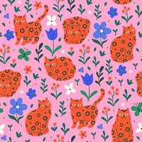 Seamless pattern with cute spotted cats and flowers. graphics. vector