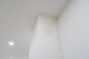 Water flowing from the ceiling.Water marks flow from the edge of the ceiling to the wall. Rainy days, dirty walls, dirty photo