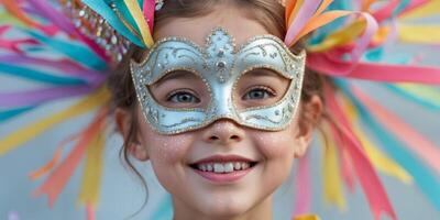 Girl with carnival mask is smiling during a party with colorful pennantsGirl with carnival mask is smiling during a party with colorful pennants. photo