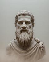 Majestic Ancient Sculpture of a Bearded Figure Amidst Mystical FogMajestic Ancient Sculpture of a Bearded Figure Amidst Mystical Fog. photo