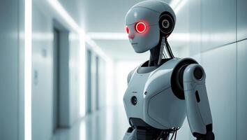Robot stands in a hallway with a red eye photo