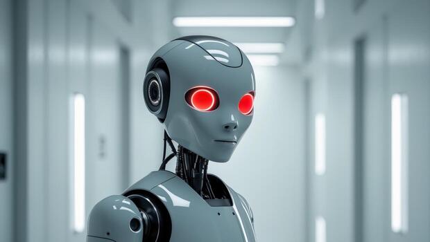 Robot stands in a hallway with a red eyeRobot stands in a hallway with a red eye. photo