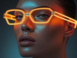 Closeup of model in glowing orange neon glassesCloseup of model in glowing orange neon glasses. photo