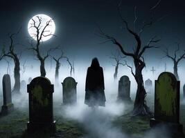 Lone Figure in Foggy Graveyard at Night Surrounded by Weathered Tombstones and Dead TreesLone Figure in Foggy Graveyard at Night Surrounded by Weathered Tombstones and Dead Trees. photo