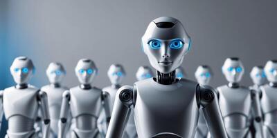 A robot with blue eyes stands in front of a group of robots photo