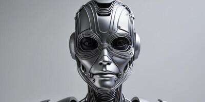 A robot with a face made of metal and wires photo