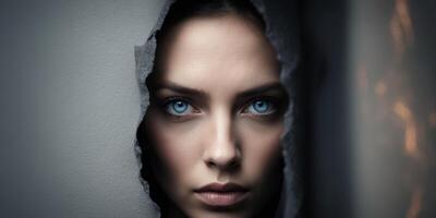 Intense Blue Eyes Gazing Through Textured ShadowIntense Blue Eyes Gazing Through Textured Shadow. photo