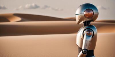 A robot with a helmet stands in a desertA robot with a helmet stands in a desert. photo