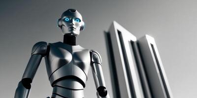 A robot is standing in front of a large building photo