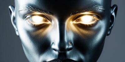 A metallic face with glowing eyes and a metallic mouthA metallic face with glowing eyes and a metallic mouth. photo