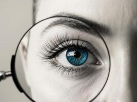 Magnifying glass showing amazing blue eye with long lashes. photo