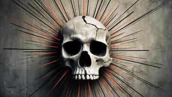 Skull with cracks surrounded by sunburst lines on grunge background. photo