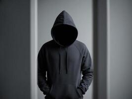Mysterious figure in a hooded sweatshirt with an obscured face.Mysterious figure in a hooded sweatshirt with an obscured face. photo