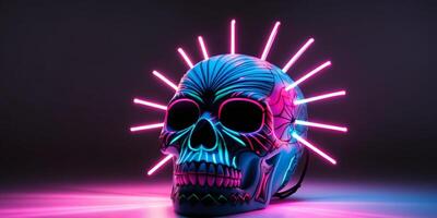 a vibrant skull illuminated by neon lights creating a striking visual impact. photo
