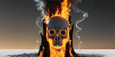 A Glowing Skull Emerges From a Tower of Smoke and Flames in the Sky.A Glowing Skull Emerges From a Tower of Smoke and Flames in the Sky. photo