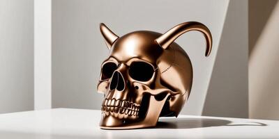 A Beautifully Crafted Bronze Colored Decorative Skull Model for Various Purposes and Uses. photo