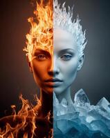 Two faces emerging from fire and ice representing duality and opposites. photo