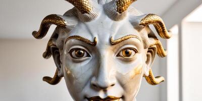 Medusa statue with golden snake eyes close up.Medusa statue with golden snake eyes close up. photo