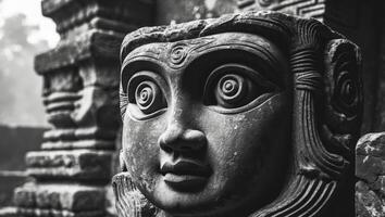 Intricate stone carving featuring spiral eyes symbolizing wisdom and the universe gazing at observers in a historical setting photo