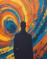 Colorful abstract wall art with silhouette figure and vibrant background photo