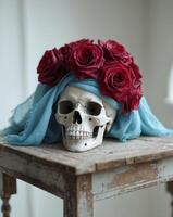 A whimsical skull adorned with roses and a blue scarf resting on a wooden tableA whimsical skull adorned with roses and a blue scarf resting on a wooden table. photo