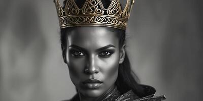 Fierce Warrior Queen with Crown and Intense Expression in HarmonyFierce Warrior Queen with Crown and Intense Expression in Harmony. photo