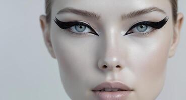 Makeup Application with Precise Winged Eyeliner Technique photo