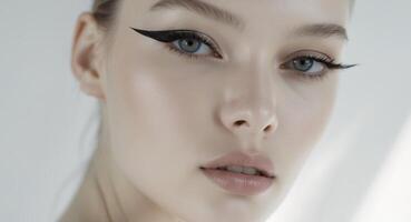 Makeup Application with Precise Winged Eyeliner TechniqueMakeup Application with Precise Winged Eyeliner Technique. photo