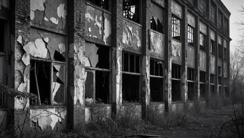 Abandoned industrial building with weathered walls and broken windows showing signs of decay and neglect photo