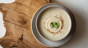 Creamy soup garnished with swirl and spices on rustic wooden table in cozy setting photo