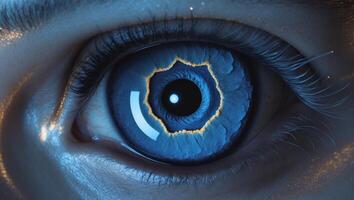 Representation of wisdom and infinity through spirals and the universe's gaze in a captivating blue eye photo